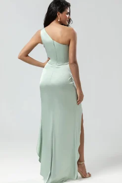 Chic romântico um ombro Matcha vestido de dama de honra com babados