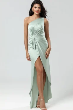 Chic romântico um ombro Matcha vestido de dama de honra com babados