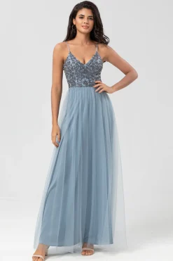 Chic Romântico Uma Linha Esparguete Correias Dusty Blue Long Vestido de Madrinha com Missangas