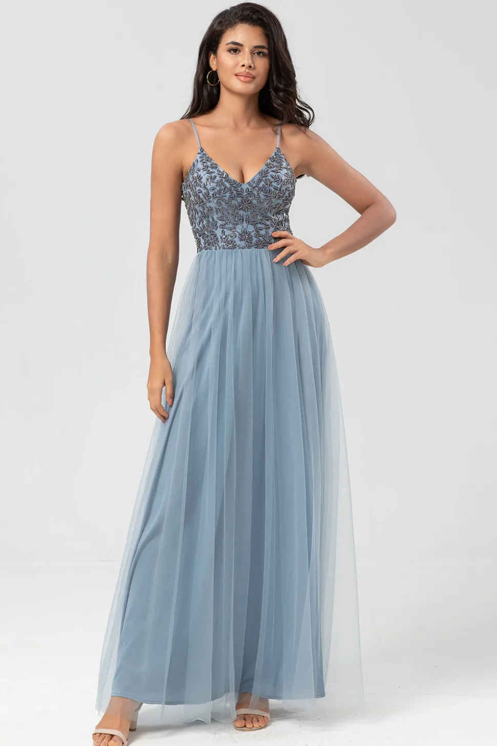 Chic Romântico Uma Linha Esparguete Correias Dusty Blue Long Vestido de Madrinha com Missangas