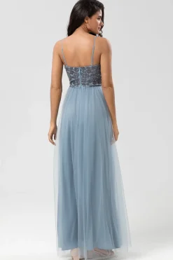 Chic Romântico Uma Linha Esparguete Correias Dusty Blue Long Vestido de Madrinha com Missangas
