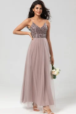 Chic Romântico Uma Linha Esparguete Correias Dusty Blue Long Vestido de Madrinha com Missangas