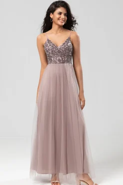 Chic Romântico Uma Linha Esparguete Correias Dusty Blue Long Vestido de Madrinha com Missangas