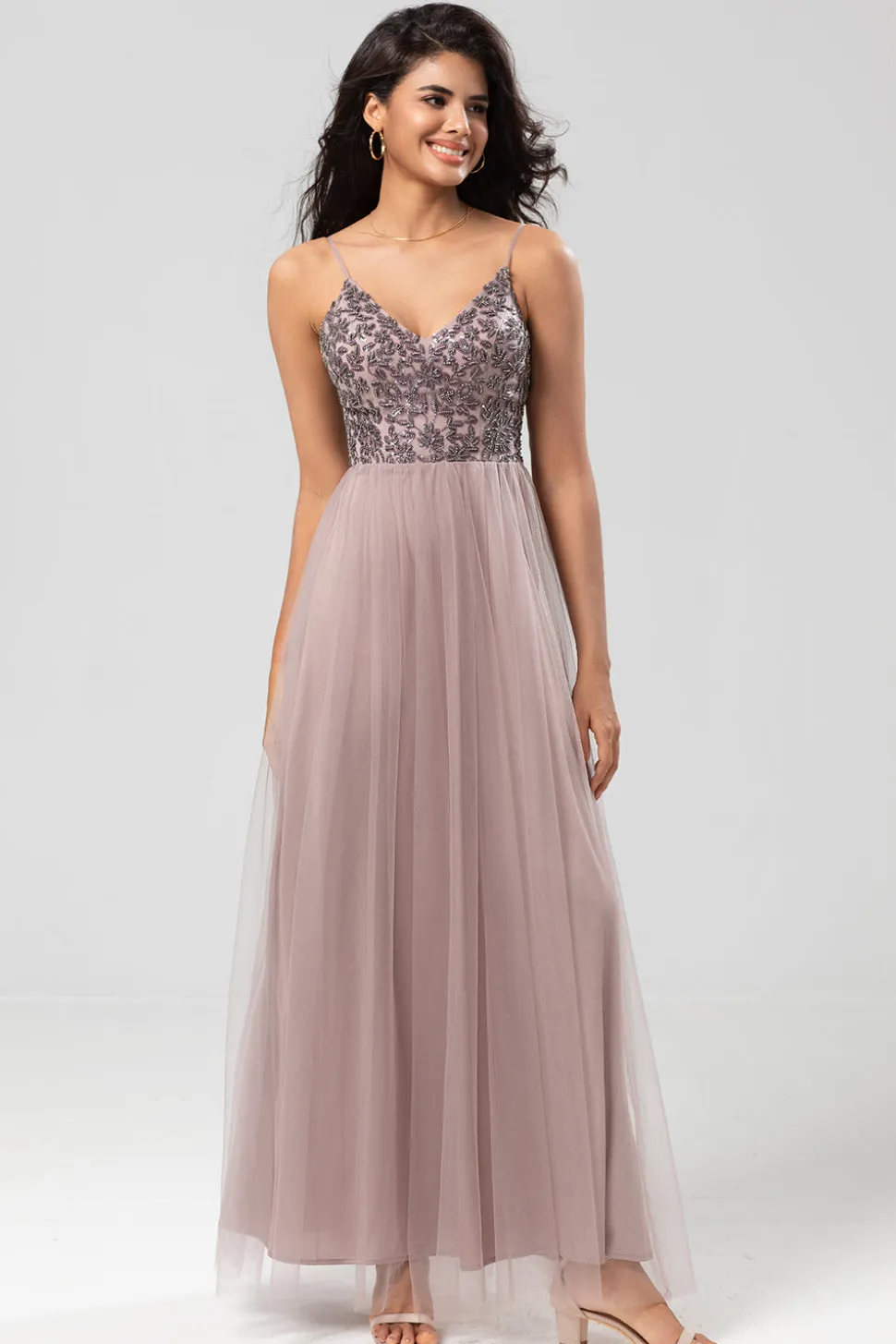 Chic Romântico Uma Linha Esparguete Correias Dusty Blue Long Vestido de Madrinha com Missangas