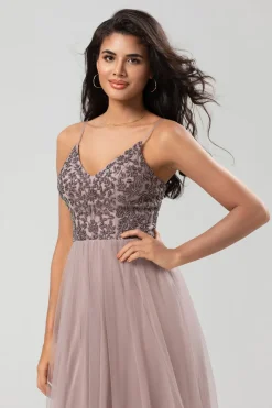 Chic Romântico Uma Linha Esparguete Correias Dusty Blue Long Vestido de Madrinha com Missangas