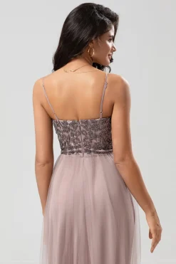 Chic Romântico Uma Linha Esparguete Correias Dusty Blue Long Vestido de Madrinha com Missangas