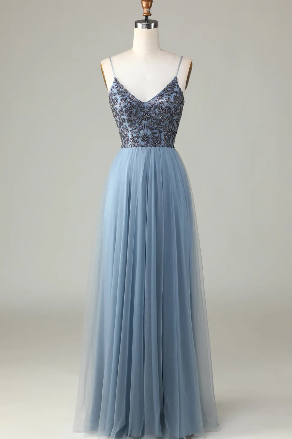 Chic Romântico Uma Linha Esparguete Correias Dusty Blue Long Vestido de Madrinha com Missangas