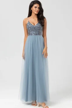 Chic Romântico Uma Linha Esparguete Correias Dusty Blue Long Vestido de Madrinha com Missangas