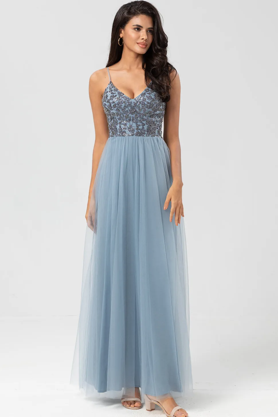 Chic Romântico Uma Linha Esparguete Correias Dusty Blue Long Vestido de Madrinha com Missangas