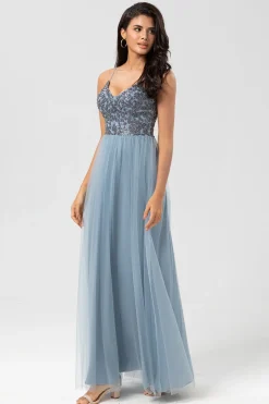 Chic Romântico Uma Linha Esparguete Correias Dusty Blue Long Vestido de Madrinha com Missangas