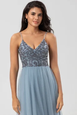 Chic Romântico Uma Linha Esparguete Correias Dusty Blue Long Vestido de Madrinha com Missangas