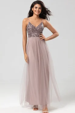 Chic Romântico Uma Linha Esparguete Correias Dusty Blue Long Vestido de Madrinha com Missangas