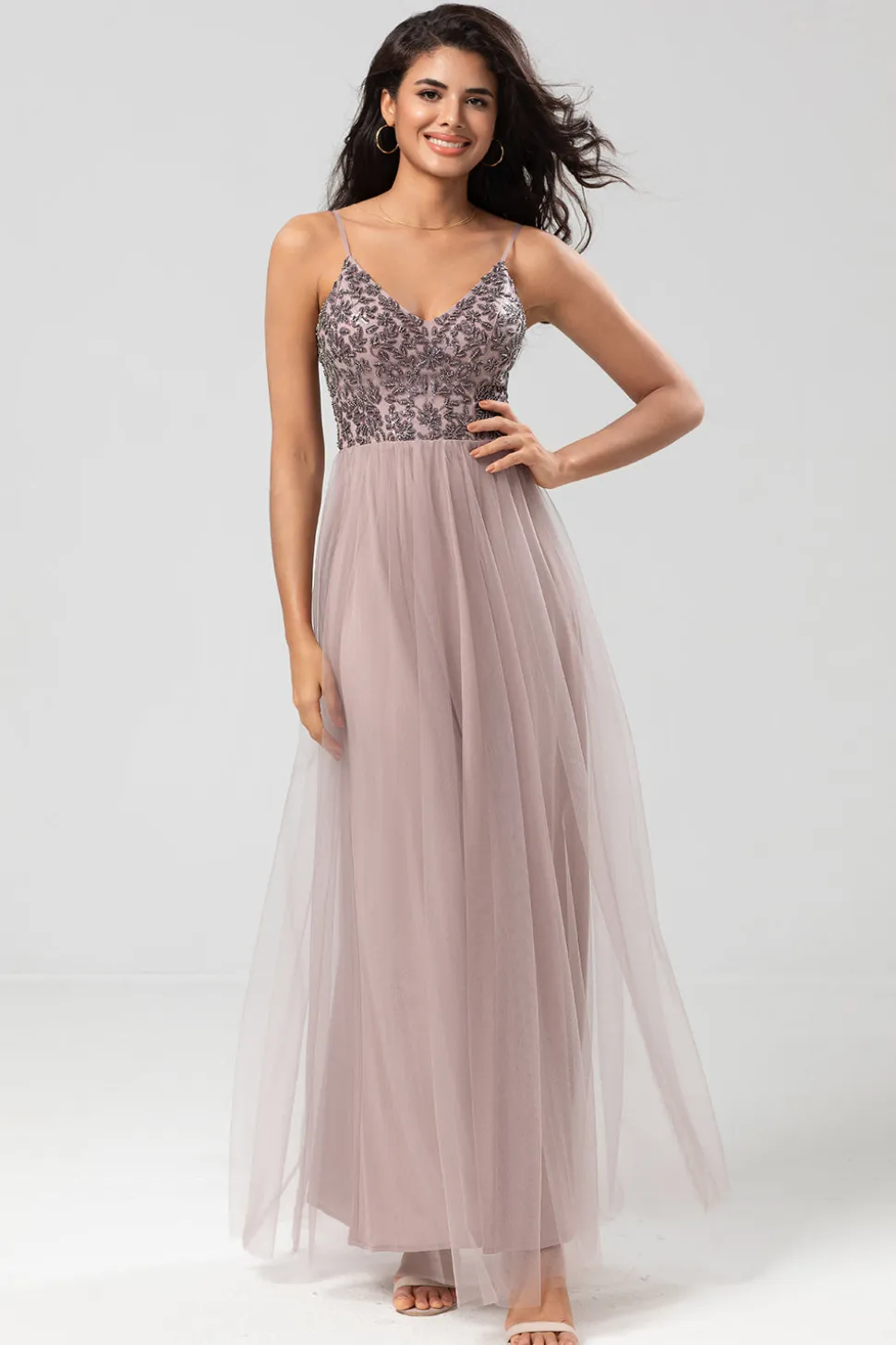 Chic Romântico Uma Linha Esparguete Correias Dusty Blue Long Vestido de Madrinha com Missangas
