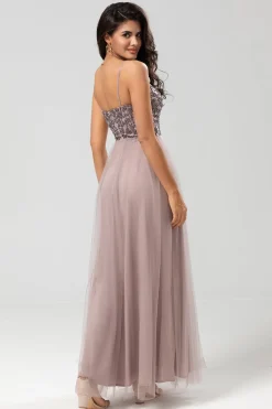 Chic Romântico Uma Linha Esparguete Correias Dusty Blue Long Vestido de Madrinha com Missangas
