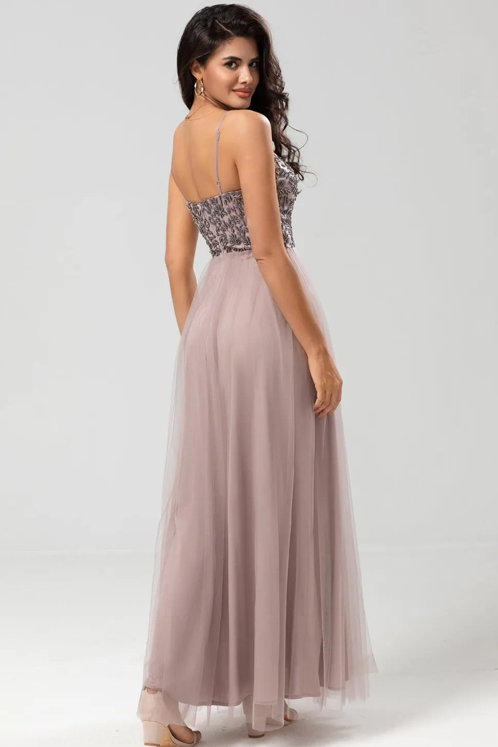 Chic Romântico Uma Linha Esparguete Correias Dusty Blue Long Vestido de Madrinha com Missangas