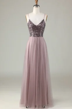Chic Romântico Uma Linha Esparguete Correias Dusty Blue Long Vestido de Madrinha com Missangas