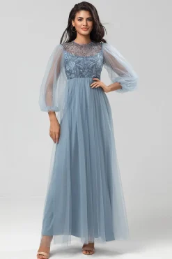 Chic Romântico Uma Linha Joia Pescoço Cinzento Azul Vestido Longo Madrinha com Mangas Longas