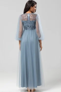 Chic Romântico Uma Linha Joia Pescoço Cinzento Azul Vestido Longo Madrinha com Mangas Longas