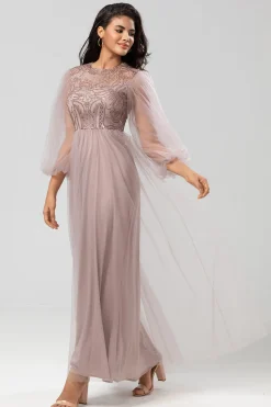 Chic Romântico Uma Linha Joia Pescoço Cinzento Azul Vestido Longo Madrinha com Mangas Longas