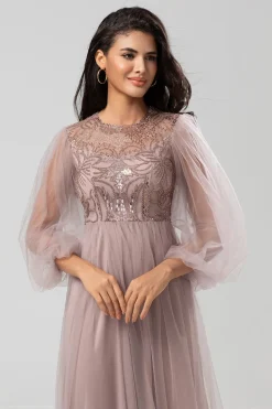 Chic Romântico Uma Linha Joia Pescoço Cinzento Azul Vestido Longo Madrinha com Mangas Longas