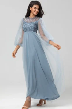 Chic Romântico Uma Linha Joia Pescoço Cinzento Azul Vestido Longo Madrinha com Mangas Longas