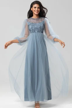 Chic Romântico Uma Linha Joia Pescoço Cinzento Azul Vestido Longo Madrinha com Mangas Longas