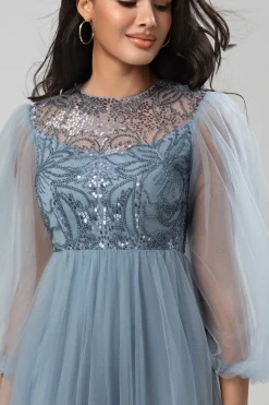Chic Romântico Uma Linha Joia Pescoço Cinzento Azul Vestido Longo Madrinha com Mangas Longas