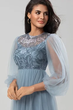 Chic Romântico Uma Linha Joia Pescoço Cinzento Azul Vestido Longo Madrinha com Mangas Longas