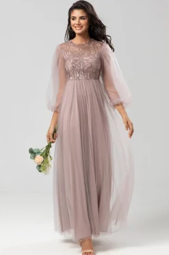 Chic Romântico Uma Linha Joia Pescoço Cinzento Azul Vestido Longo Madrinha com Mangas Longas