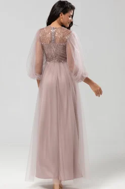 Chic Romântico Uma Linha Joia Pescoço Cinzento Azul Vestido Longo Madrinha com Mangas Longas
