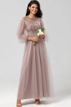 Chic Romântico Uma Linha Joia Pescoço Cinzento Azul Vestido Longo Madrinha com Mangas Longas