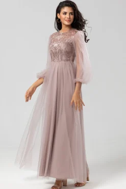 Chic Romântico Uma Linha Joia Pescoço Cinzento Azul Vestido Longo Madrinha com Mangas Longas