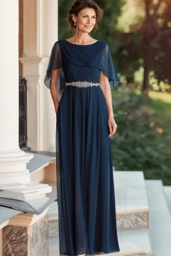 Chiffon A Line Capelet Marinha Mãe da Noiva Vestido com Cintura Frisada