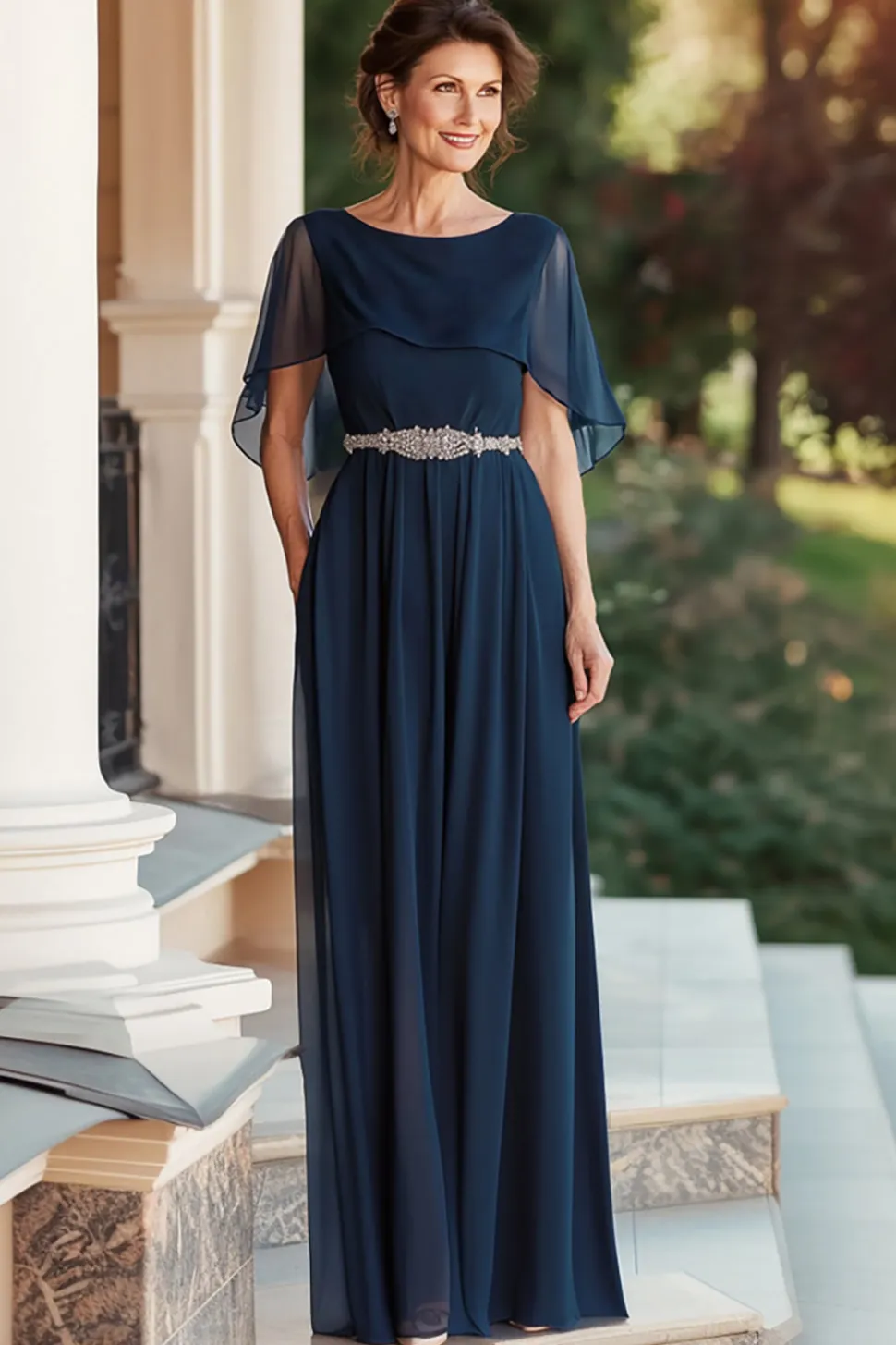 Chiffon A Line Capelet Marinha Mãe da Noiva Vestido com Cintura Frisada