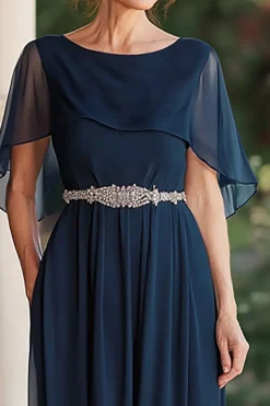 Chiffon A Line Capelet Marinha Mãe da Noiva Vestido com Cintura Frisada