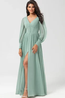 Chiffon A Line Vestido de dama de honra de mangas compridas com botões