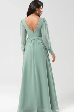 Chiffon A Line Vestido de dama de honra de mangas compridas com botões