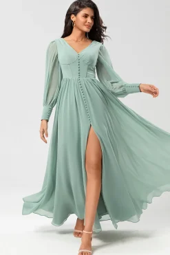 Chiffon A Line Vestido de dama de honra de mangas compridas com botões