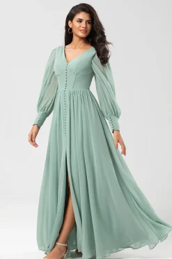 Chiffon A Line Vestido de dama de honra de mangas compridas com botões
