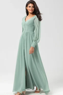 Chiffon A Line Vestido de dama de honra de mangas compridas com botões