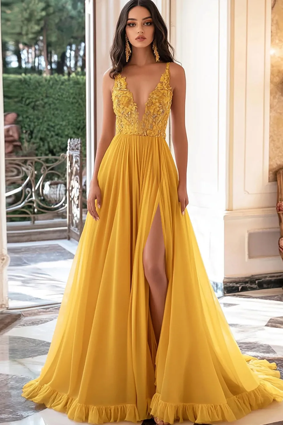 Chiffon amarelo V-neck A-Line Appliqued Long Prom Dress com fenda