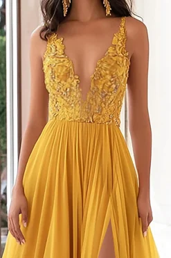 Chiffon amarelo V-neck A-Line Appliqued Long Prom Dress com fenda