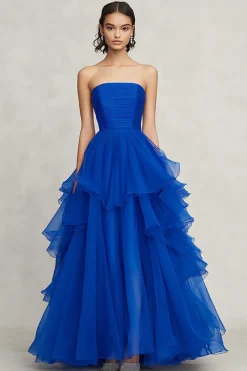 Chiffon Azul Real Sem Alças Linha-A Longo Vestidos Cerimónia