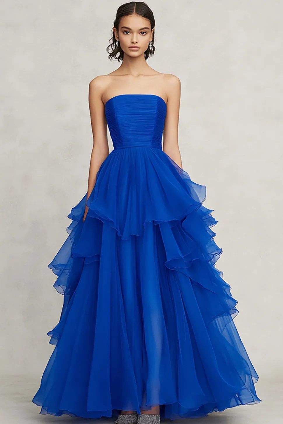 Chiffon Azul Real Sem Alças Linha-A Longo Vestidos Cerimónia