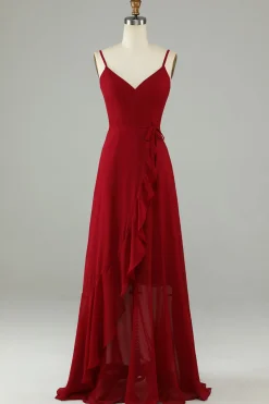 Chiffon Borgonha Esparguete Correias Vestido Longo Madrinha com Folhos