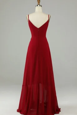 Chiffon Borgonha Esparguete Correias Vestido Longo Madrinha com Folhos