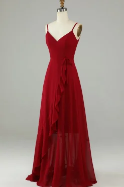Chiffon Borgonha Esparguete Correias Vestido Longo Madrinha com Folhos