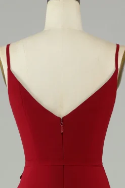 Chiffon Borgonha Esparguete Correias Vestido Longo Madrinha com Folhos