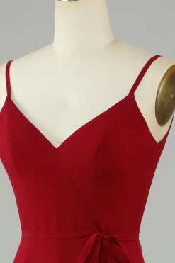 Chiffon Borgonha Esparguete Correias Vestido Longo Madrinha com Folhos