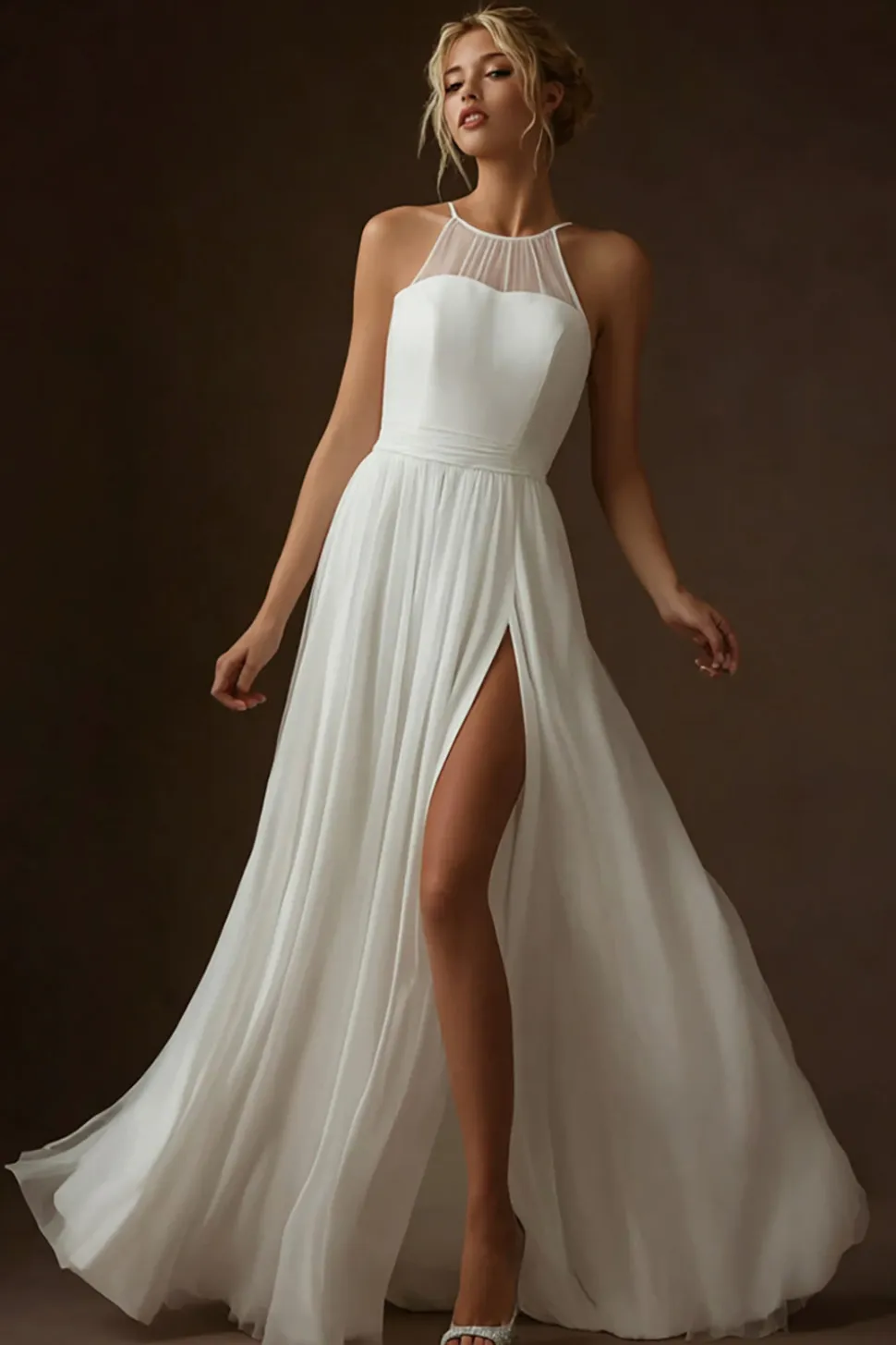 Chiffon branco uma linha plissado longo vestido de noiva com fenda